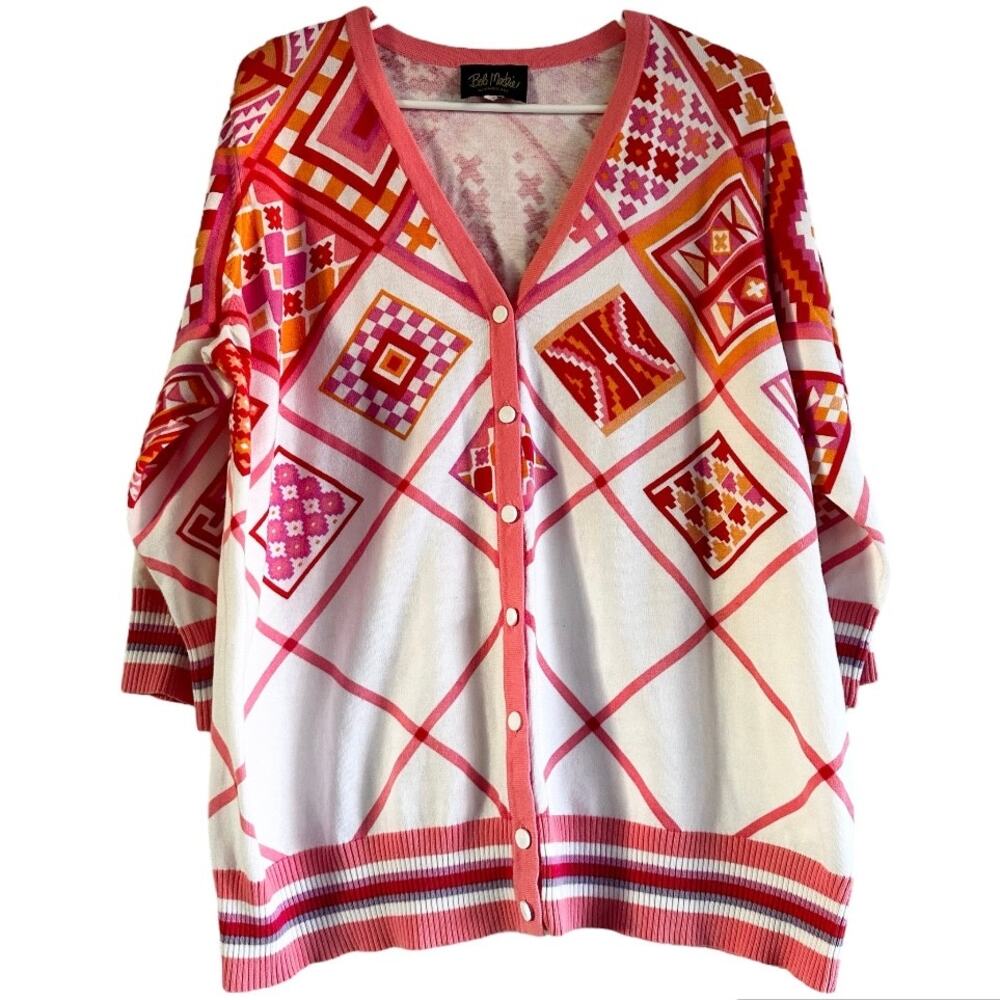 Bob Mackie Wearable Art Cardigan Button Front Abstract 100% Cotton Pink 1X